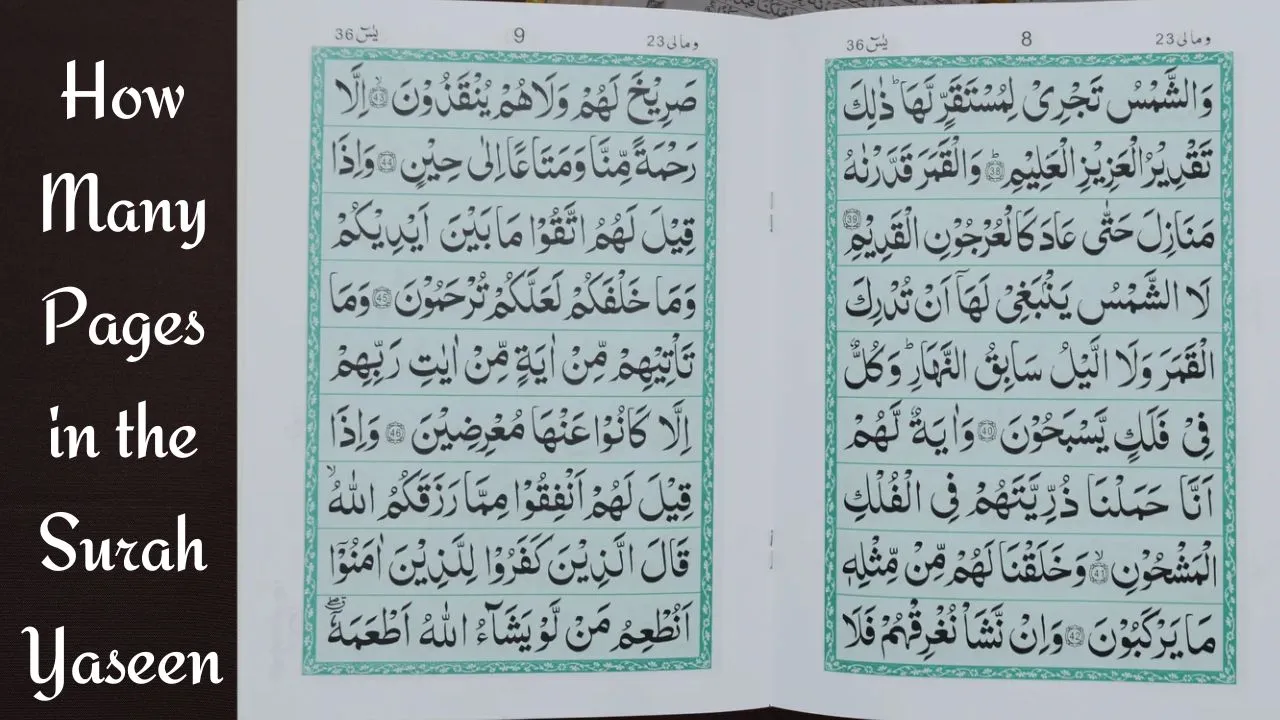 Open pages of the Quran showing Surah Yaseen with the text 'How Many Pages in the Surah Yaseen